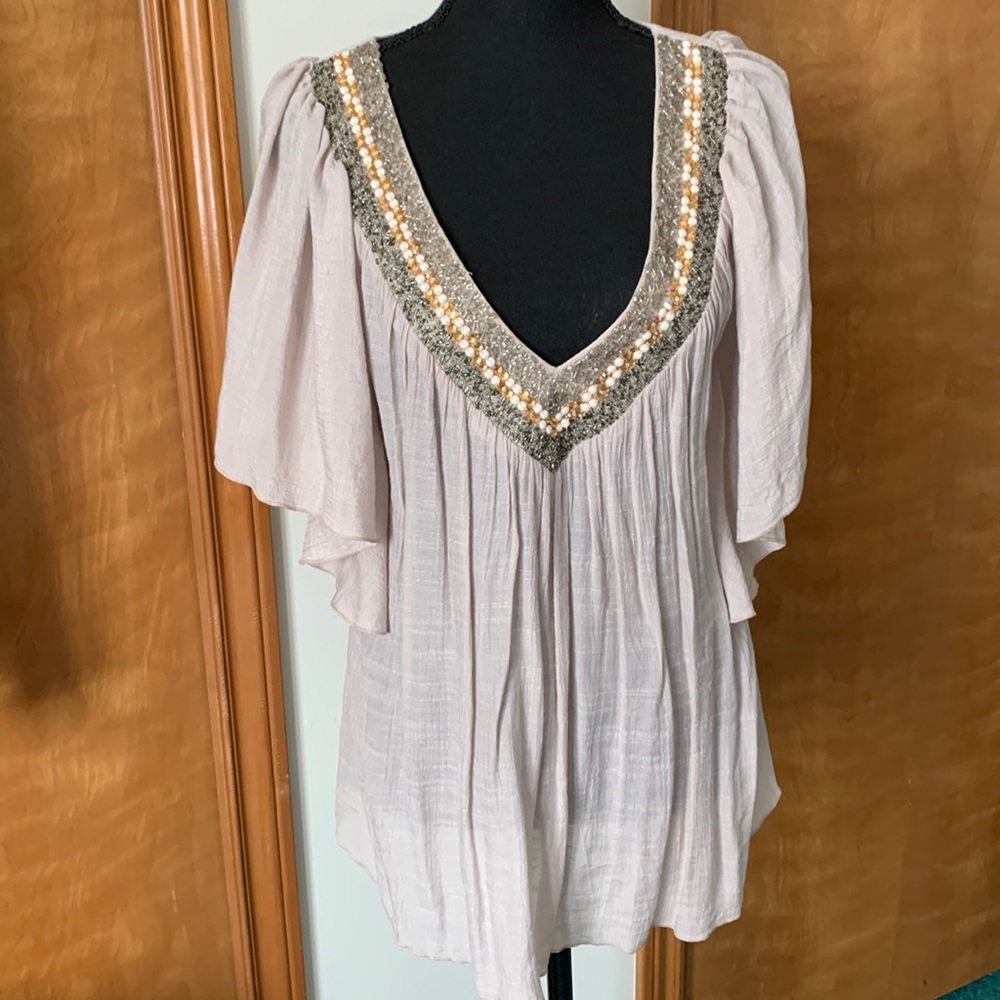Maurices Deep V Flutter Sleeve Boho Bohemian Blouse with Gorgeous Beading Detail